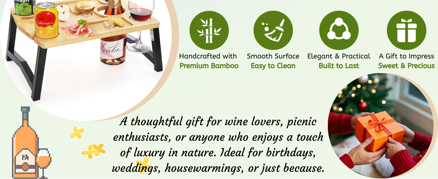 Portable Wine Picnic Table with Glass Holder, Foldable Durable Picnic