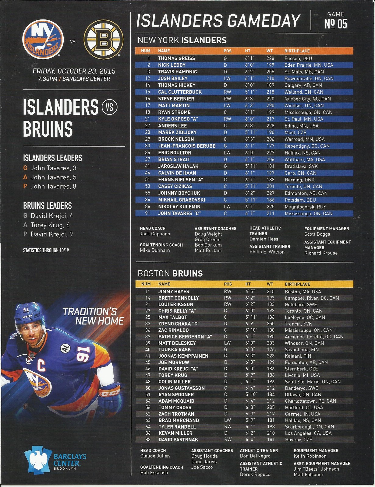 NEW YORK ISLANDERS BOSTON BRUINS GAMEDAY 5 OCTOBER 23,2015 PROGRAM