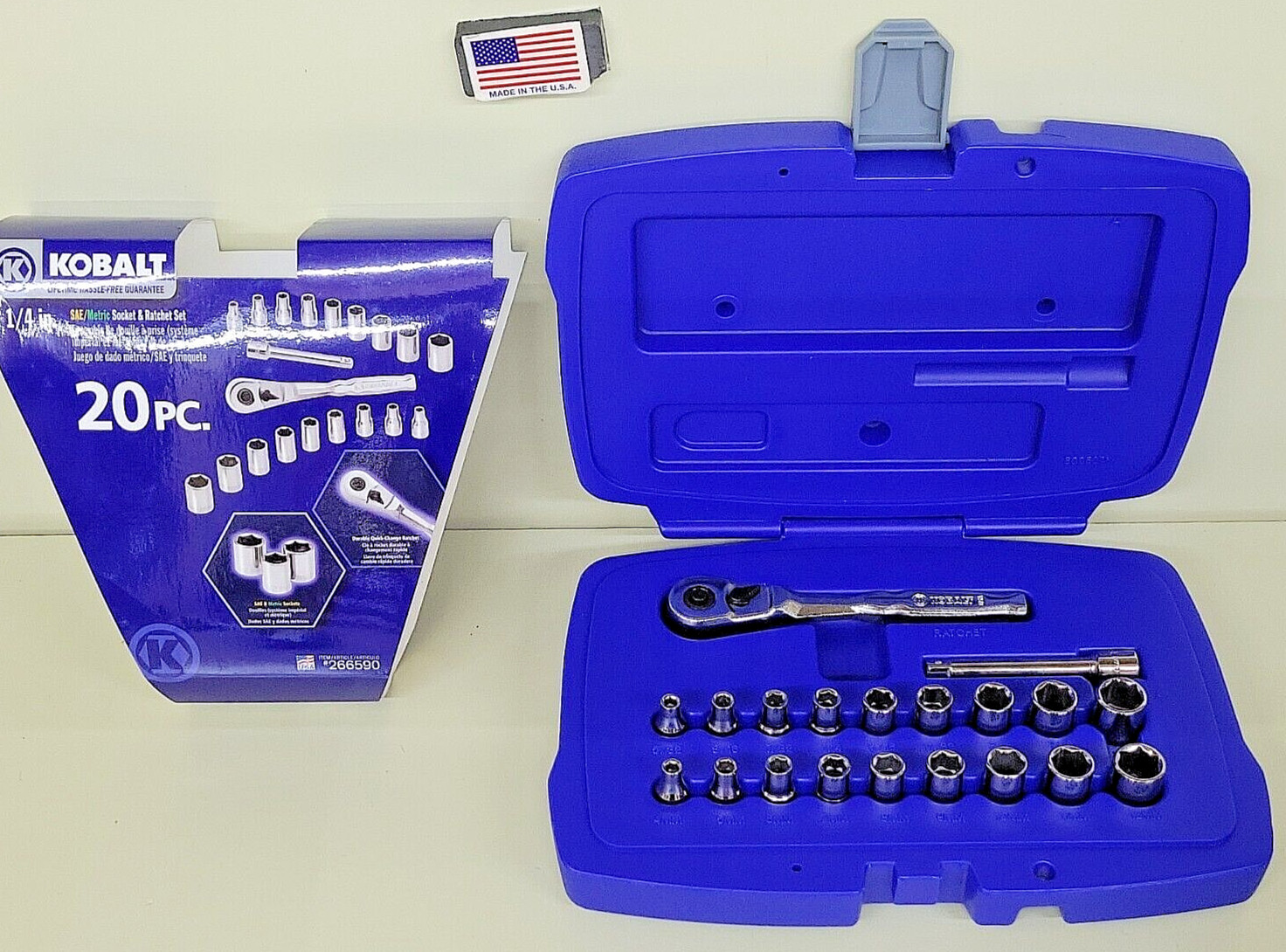 Kobalt 20 PC 1/4" Drive Metric SAE Socket Ratchet New Old Stock 266590 USA MADE
