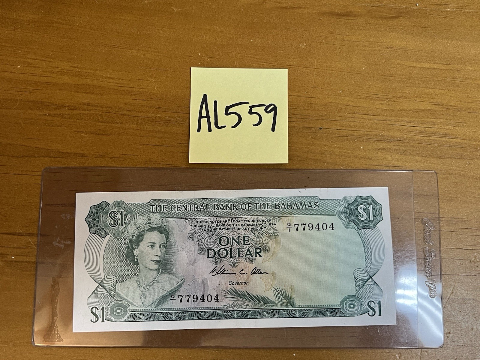 Collectible 1974 Bahamas One Dollar Banknote In Plastic Sleeve Crisp  P#35b