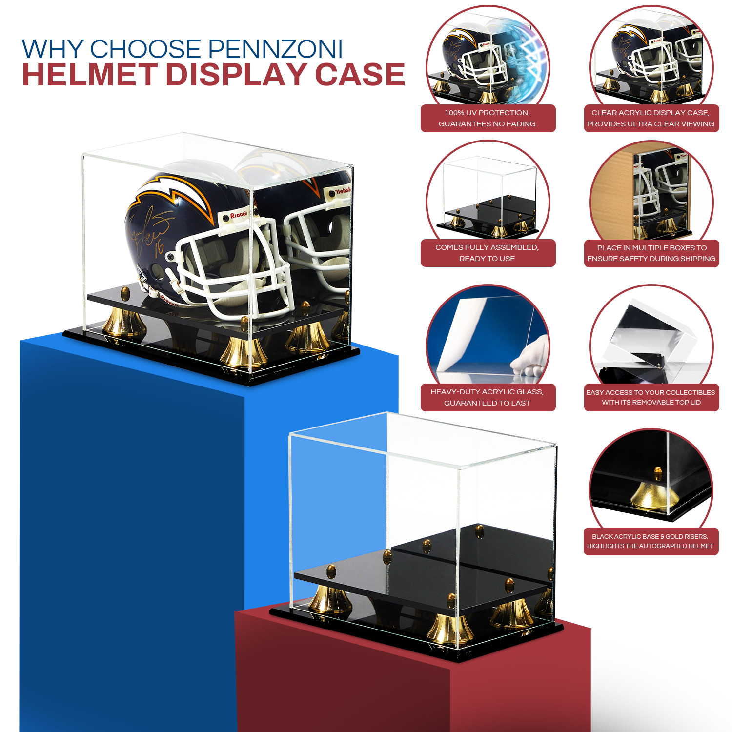Mini Helmet Display Case Acrylic w/ Black Acrylic Base Gold Risers & Mirror Back