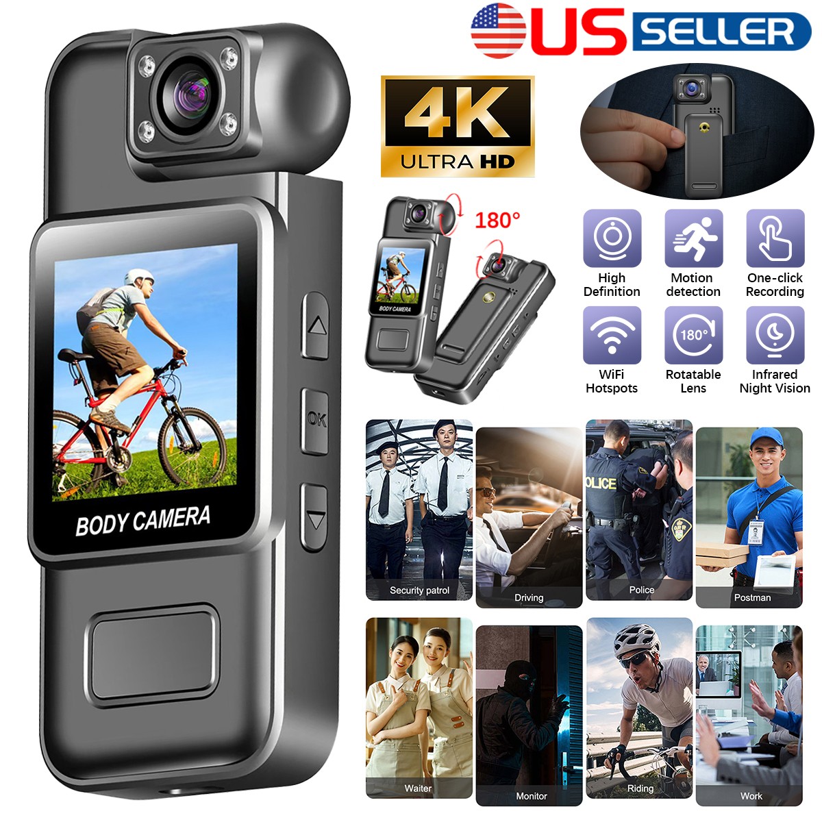 WiFi 4K 1080P Camera Camcorder Body Police Cam w/ Audio Video DVR IR Night Cam