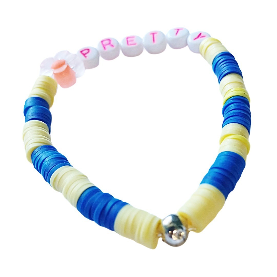 Yellow and Blue Heishi Beaded Bracelet with Pretty Lettering