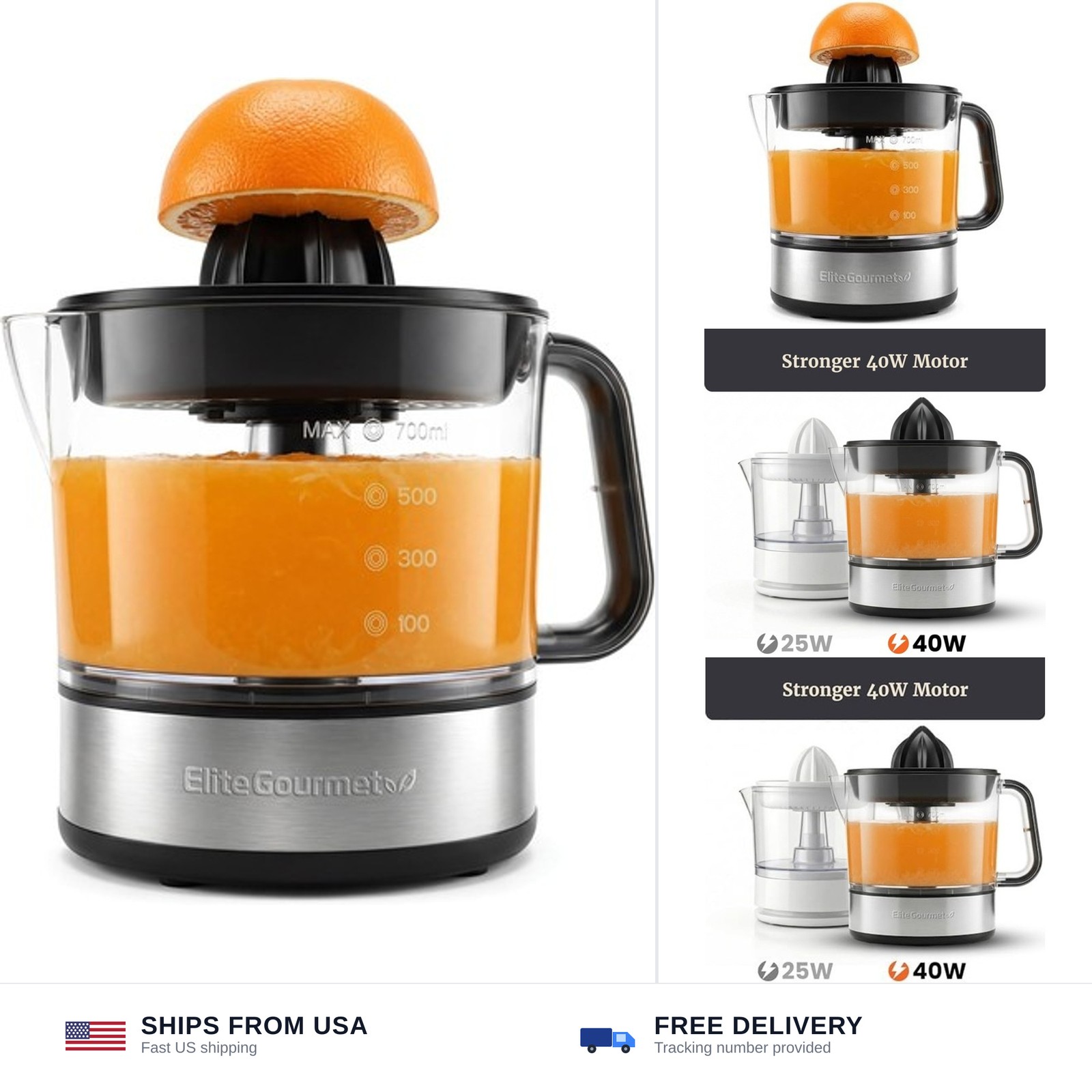 Elite Gourmet ETS623 BPA-Free 40-Watt Electric Citrus Juicer, Compact, Large ...