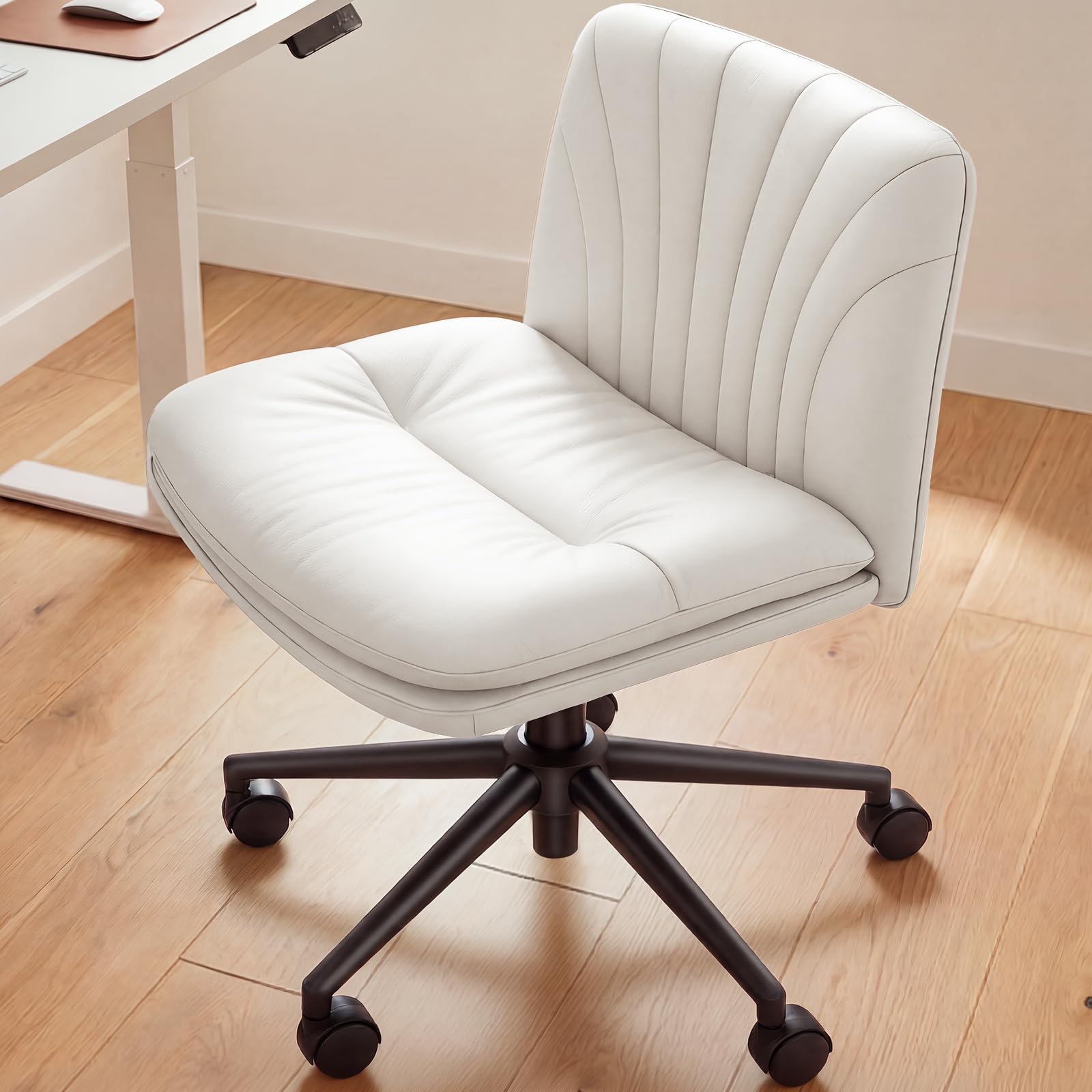 Armless-Office Desk Chair with Wheels: PU Leather Cross Legged Wide Chair,Com...