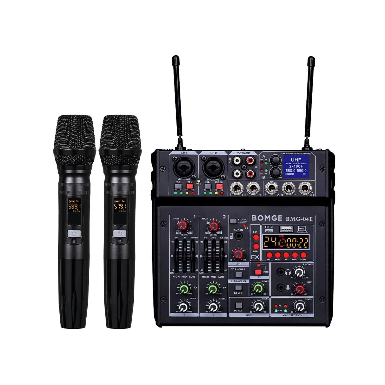 BOMGE 04E karaoke Audio mixer,4 Channel Mixer With Dual UHF Wireless Mic, Sou...