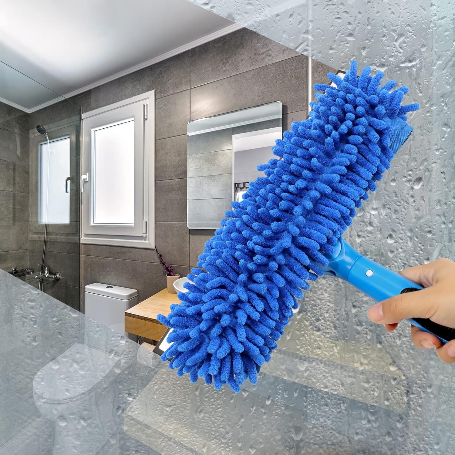 69'' Window Squeegee, 2-In-1 Squeegee Window Cleaning + Scrubber & Rotating Head