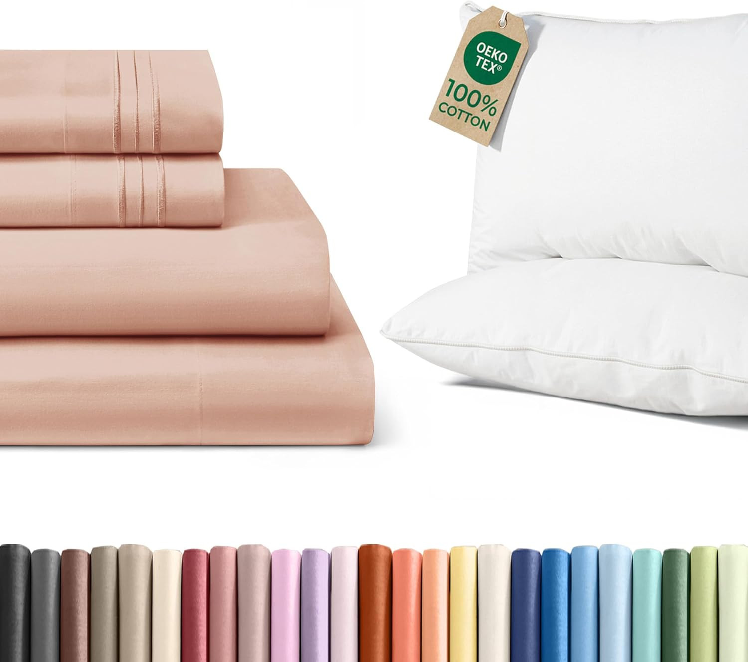 Queen 4-Piece Sheet Set & 2 Cotton Bed Pillows Bundle