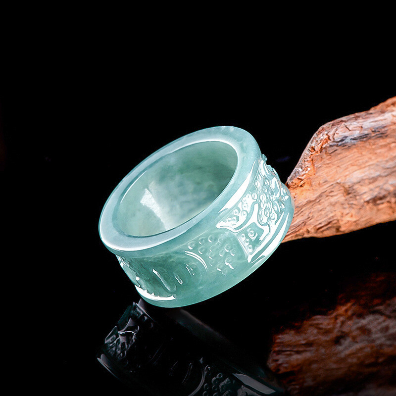 Real Grade A Natural Blue Jade Jadeite Men Women Carved Wider Ring