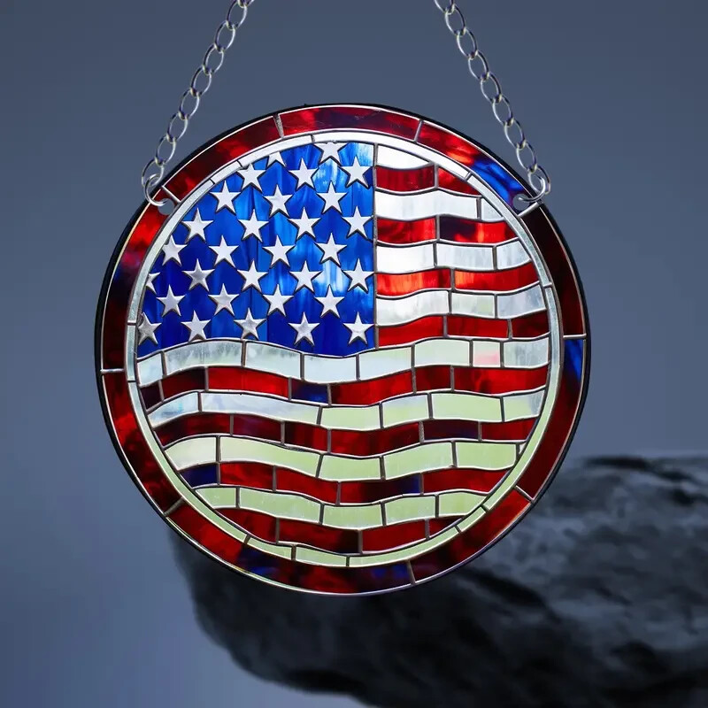 Wavy American Flag Suncatcher Double Sided Round Dyed Acrylic Decor