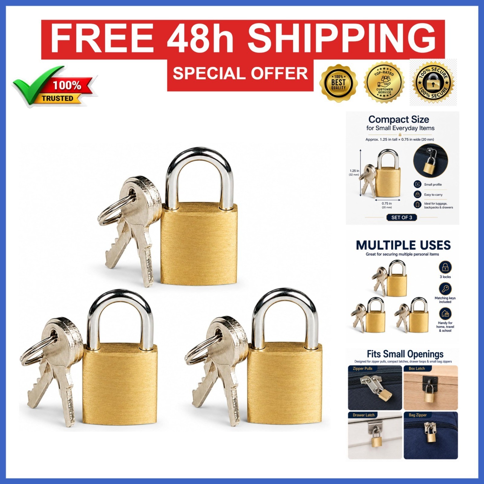 ATB 3 Pc Small Brass Padlock Set with Key for Luggage & Jewelry