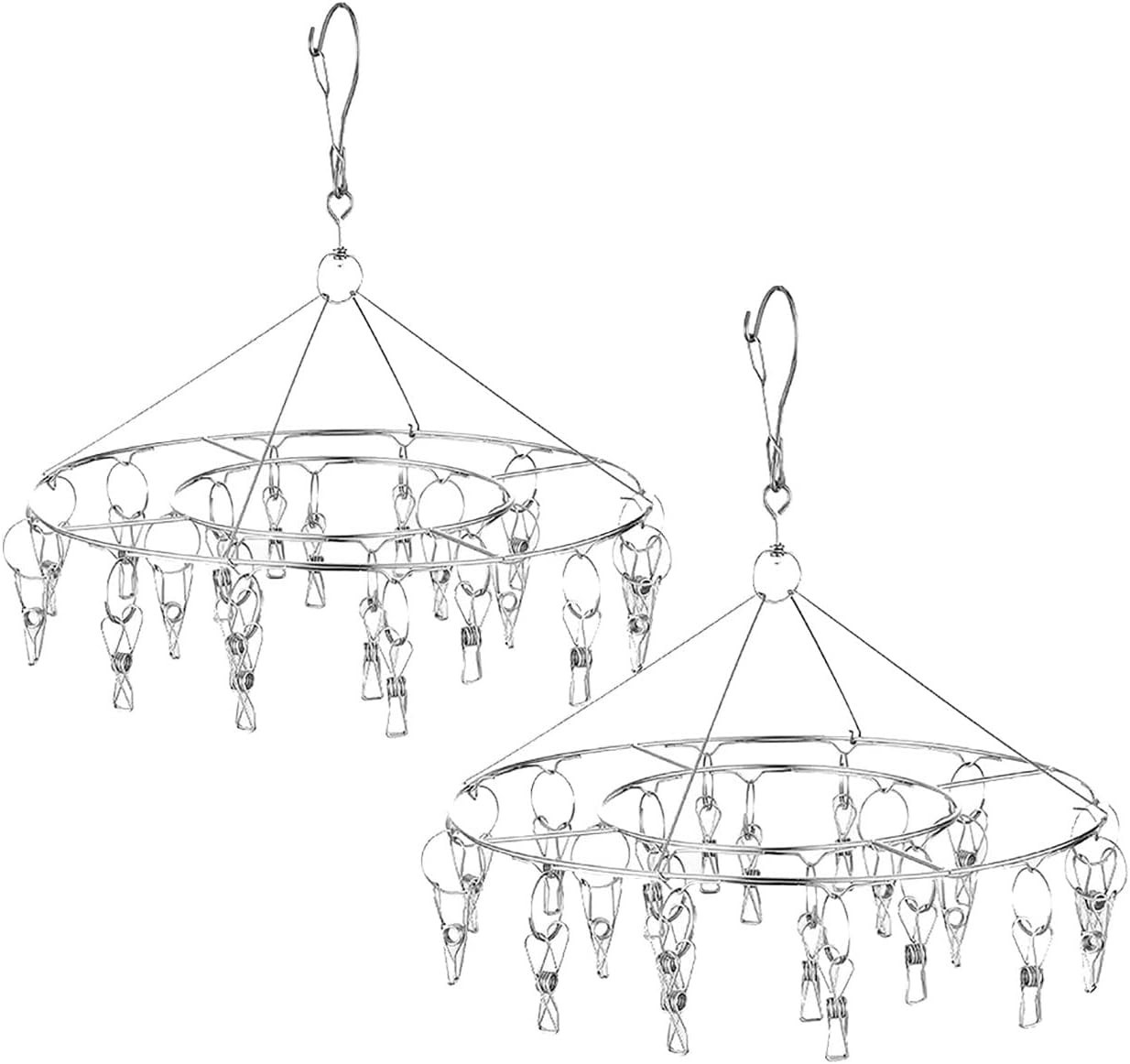 2 Pack Stainless Steel round Hanging Drying Rack with 20 Clips for Laundry
