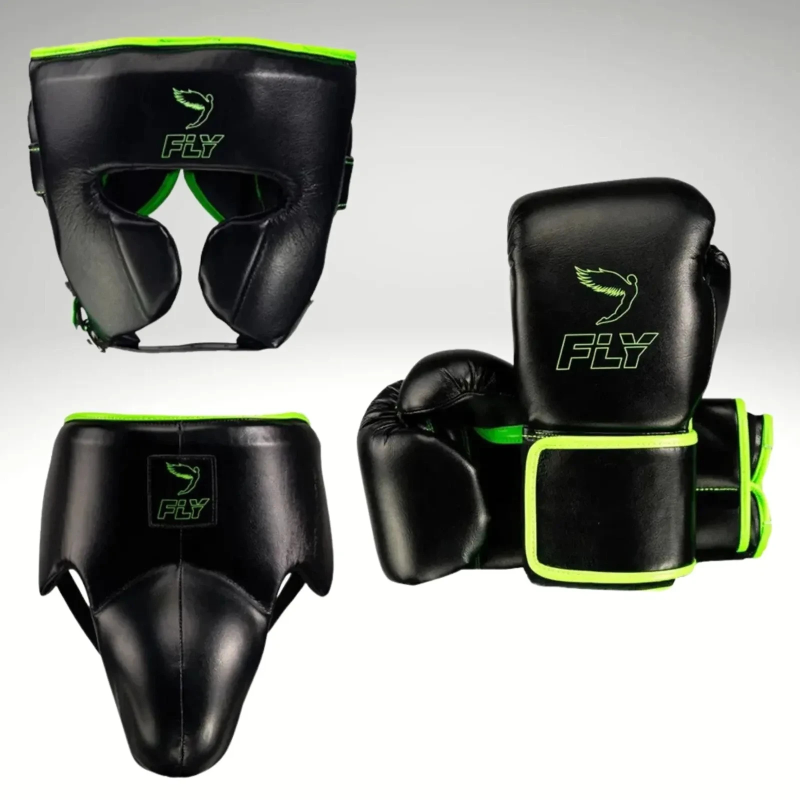 Fly black set Pro Boxing Gloves Lace Up head-groin protector Sparring Training