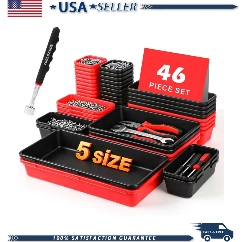 46-Piece 5-Size Tool Box Organizer Tray Set 15-Lb Magnetic Pickup Pen, Drawer Or