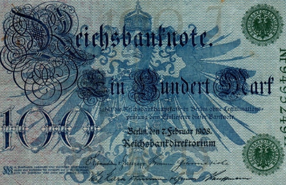 1908 GERMANY 100 MARK BANKNOTE - GREEN SEAL LARGE NOTE - CIRCULATED