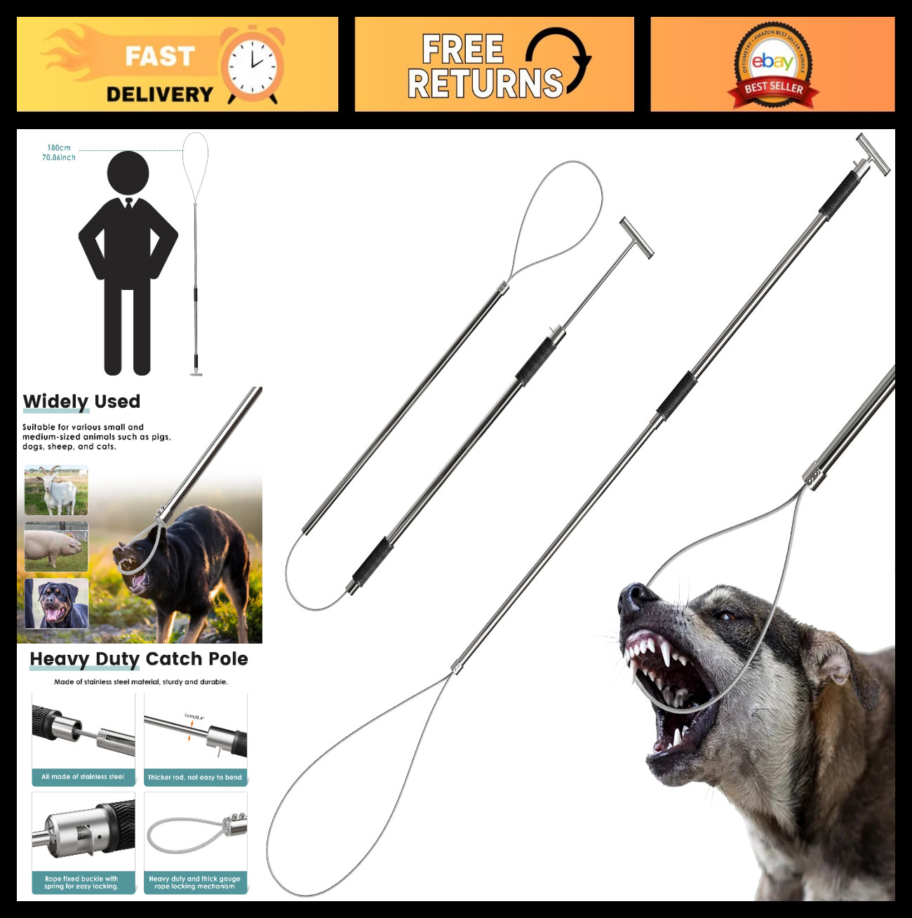61" Portable Dog Catcher Pole - Stainless Steel Animal Control Tool for Livestoc