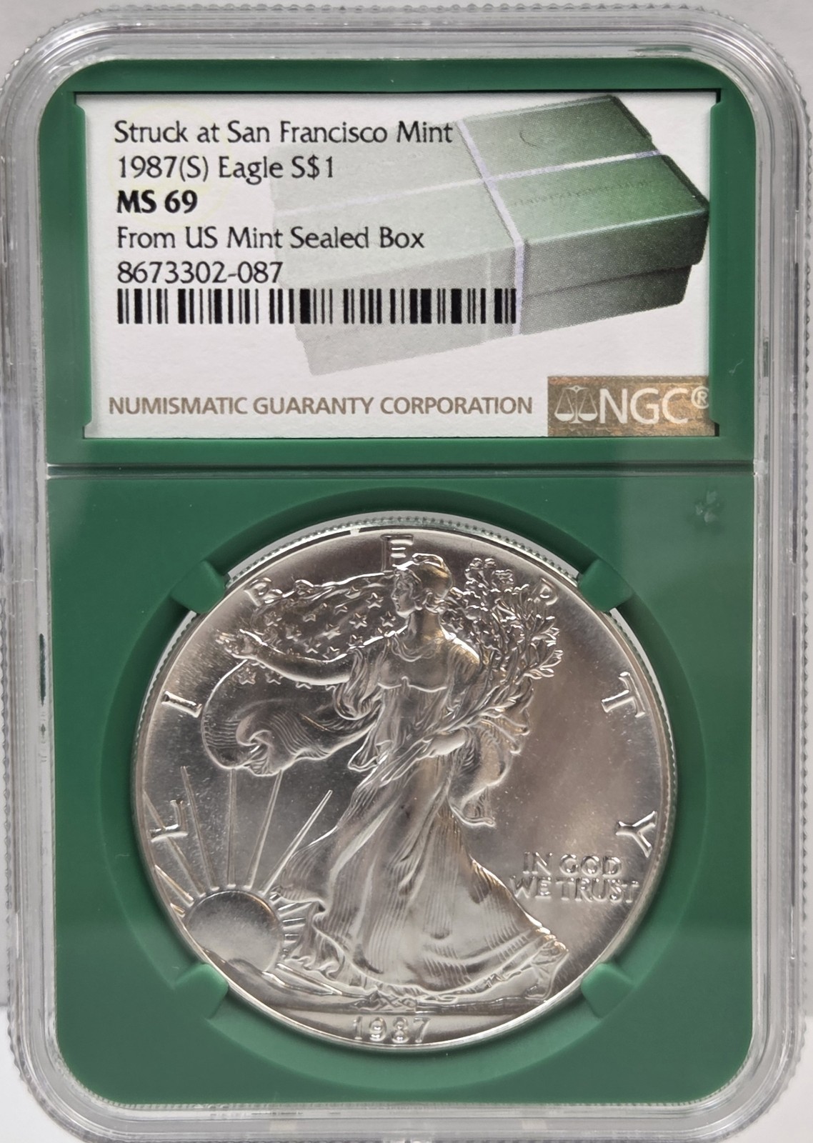 1987 (S) Eagle Green Core NGC MS69 From Mint Sealed Box Struck at San Francisco