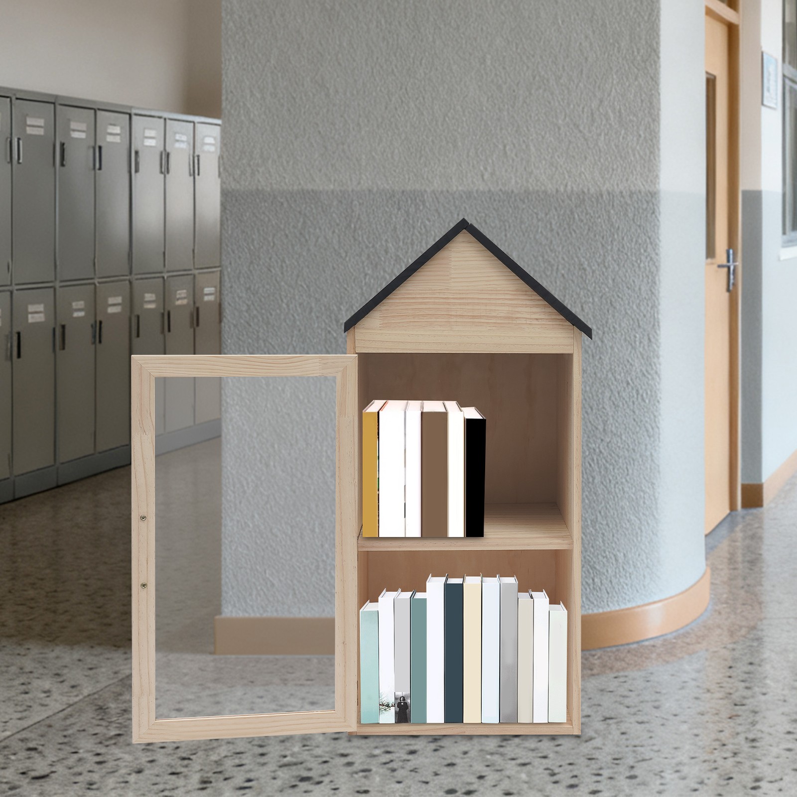 2-Tier Wooden Book Box Home Book Storage Box w/Door, Little Library Box Cabinet