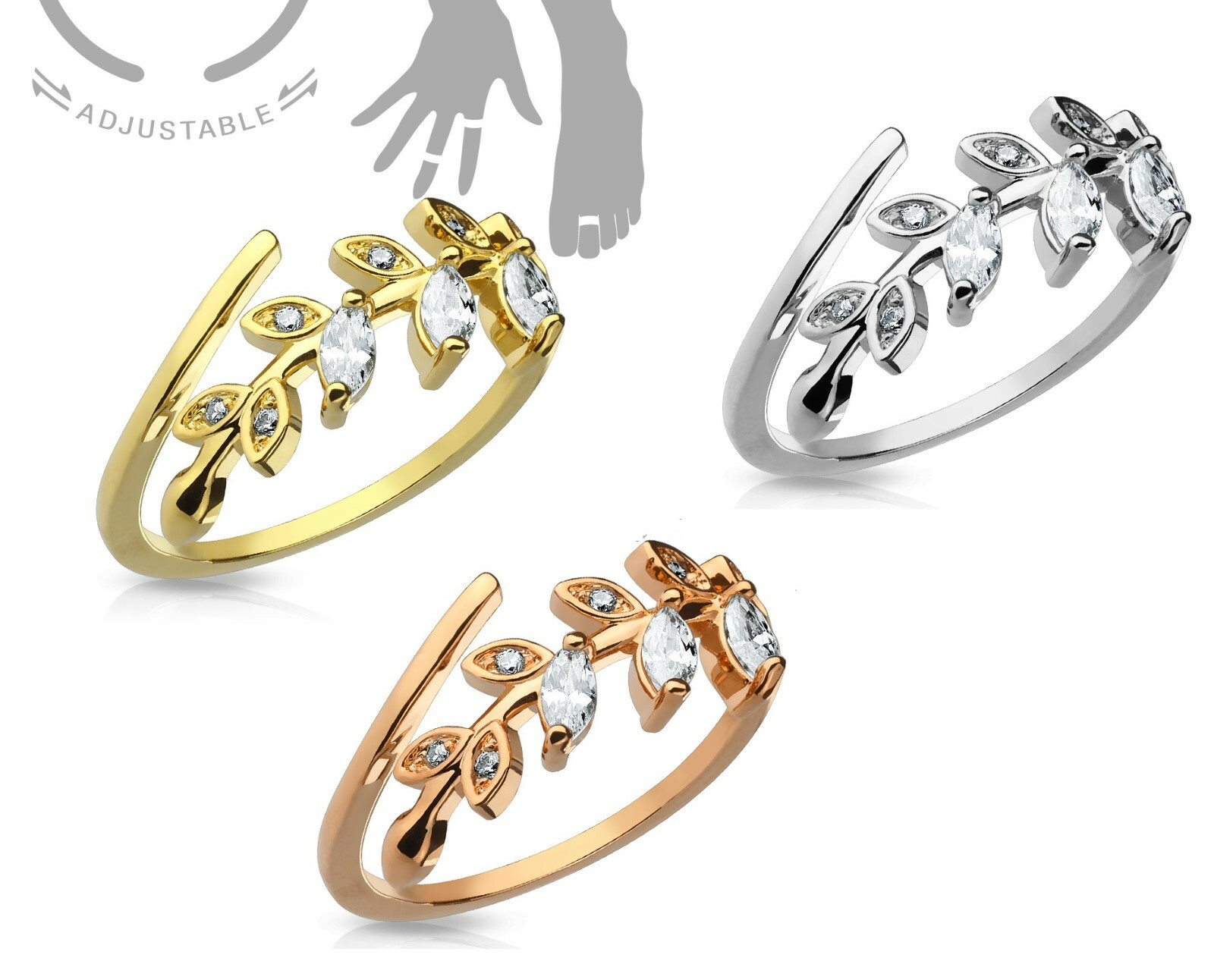Rhodium Plated Adjustable Mid Ring Toe Ring CZ Leaf Design