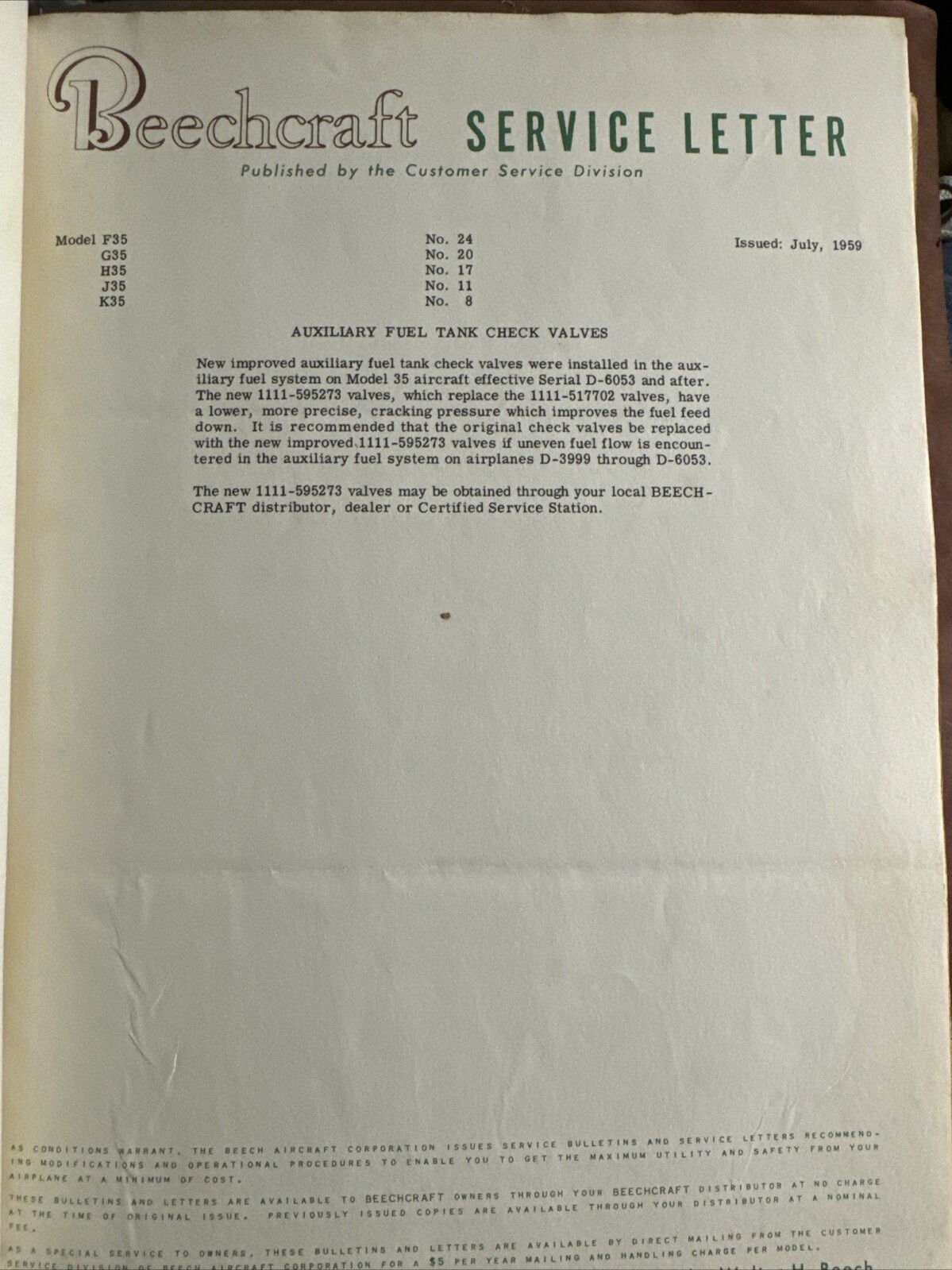 Beechcraft Service Letter 1959 Beechcraft Collection
