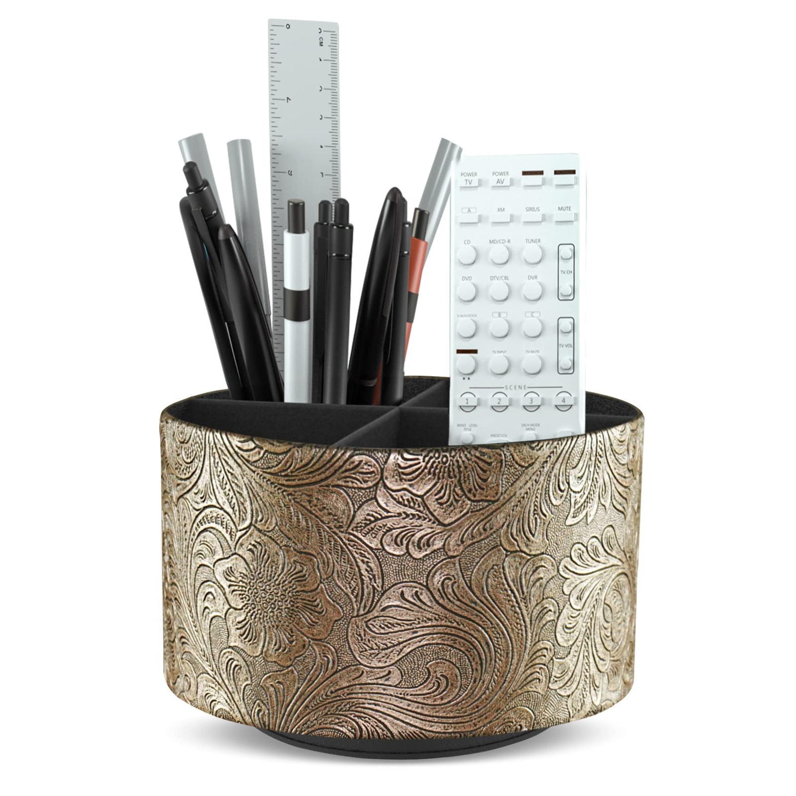Round Leather Art Supply Organizer 360 Degree Spinning Pencil Holder Gold