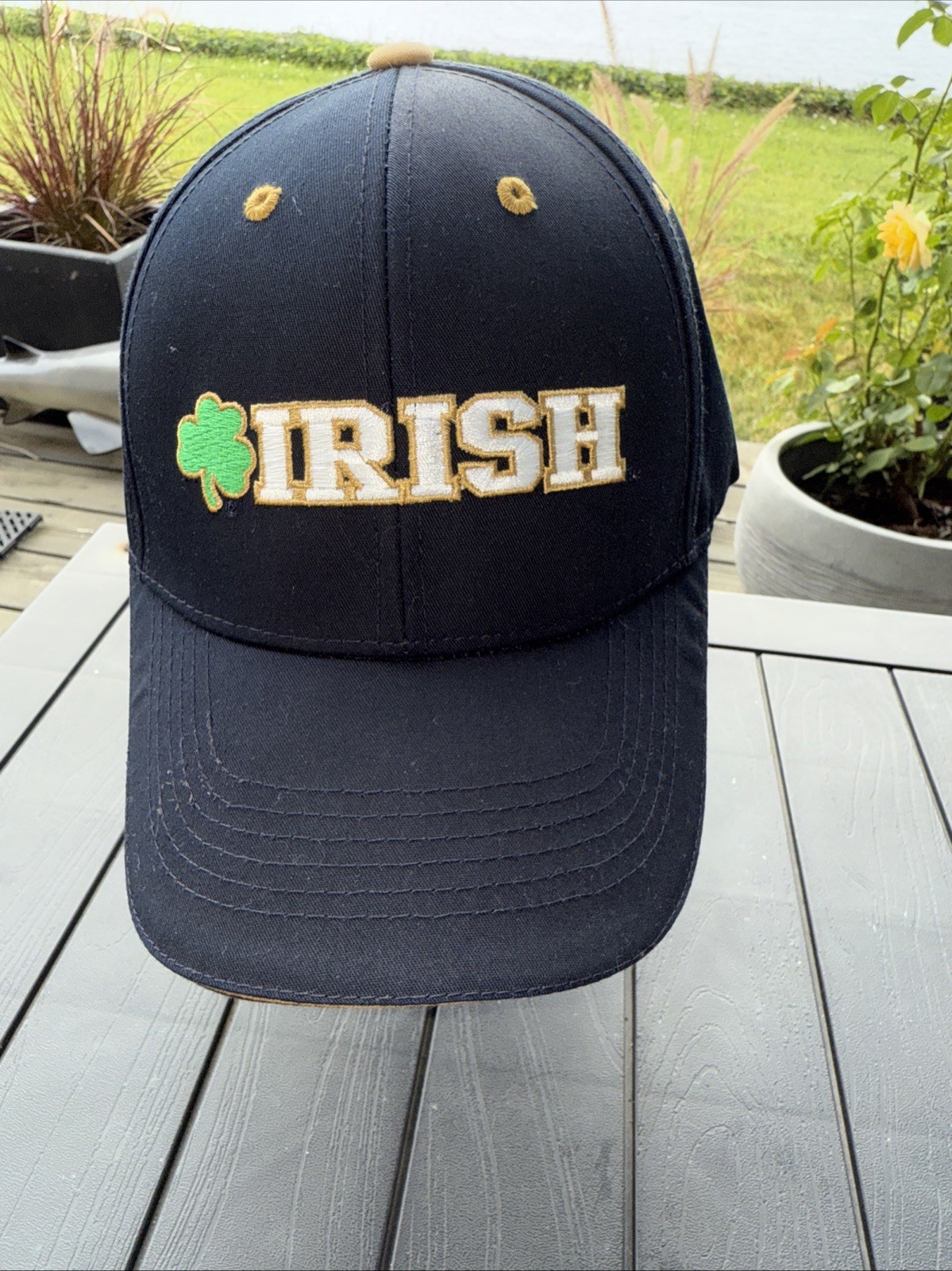 Notre Dame Irish Letters and Shamrock white Gold Green on Navy Hat Cap Hook Loop