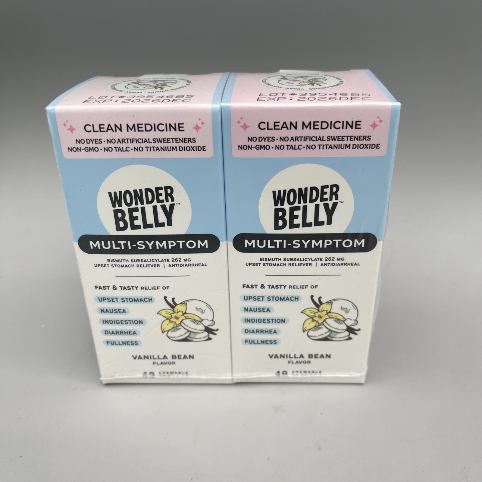 2 Pack Wonderbelly Multi Symptom Upset Stomach 48 Tablets Each Vanilla Exp 12/26