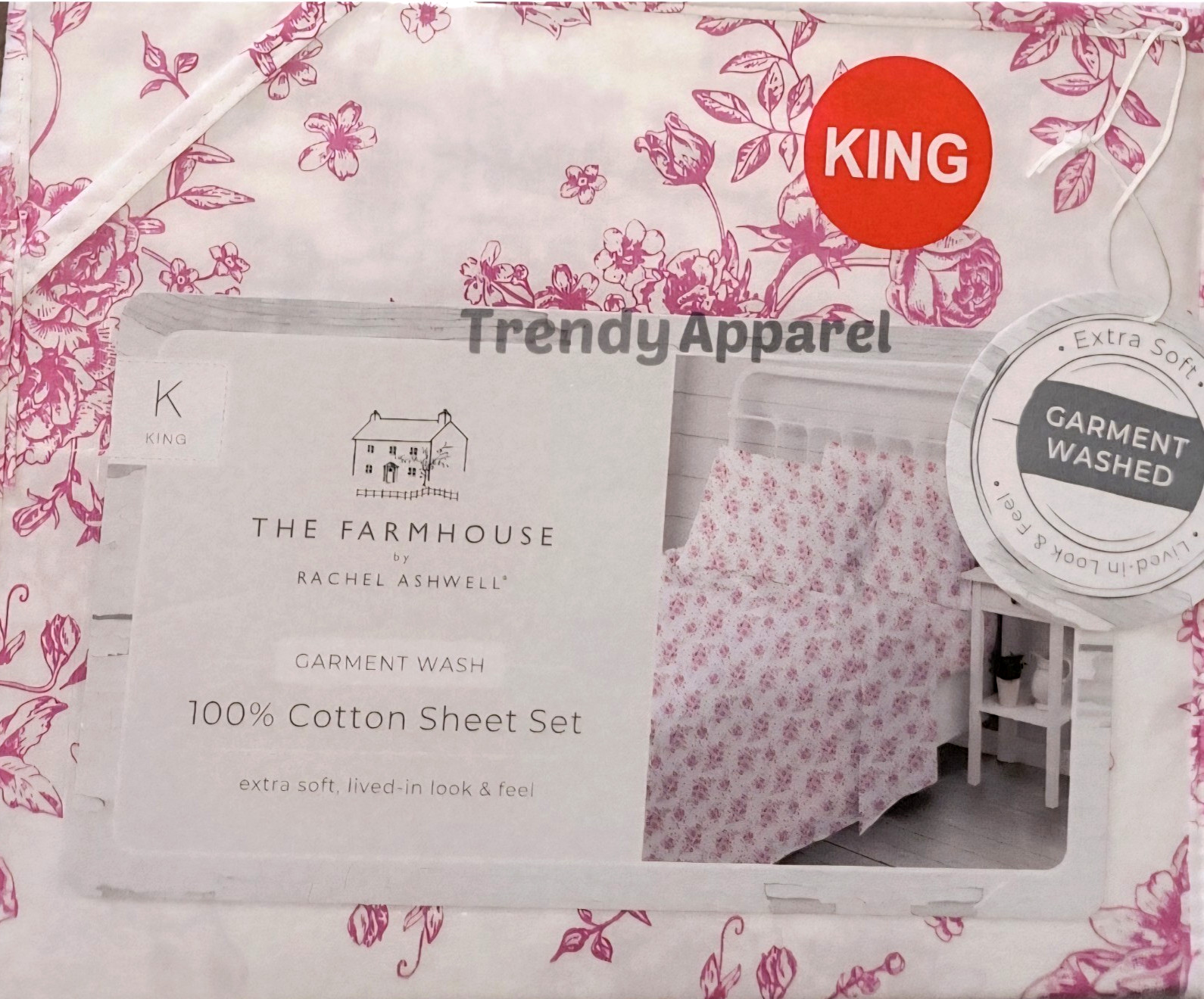 Shabby Chic Farmhouse by Rachel Ashwell, White, Hot Pink Floral, KING Sheet Set