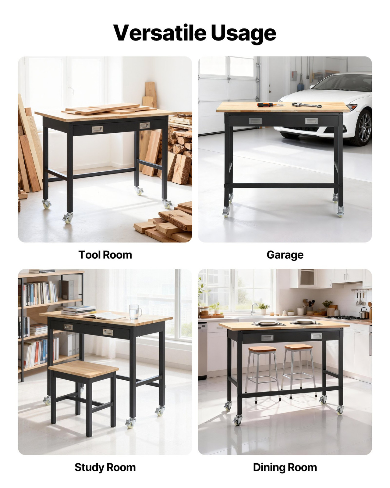 48 in Workbench 1500 lb Capacity Oak Top with Drawer Wheels