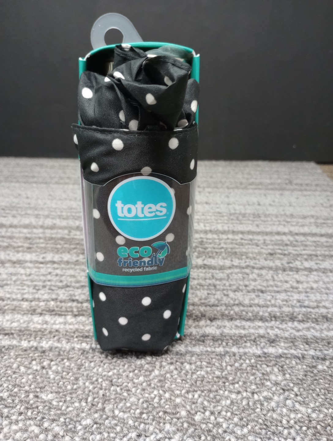 Totes Mini Manual Open Close Umbrella Eco Friendly 8407 Back White Swiss Dots