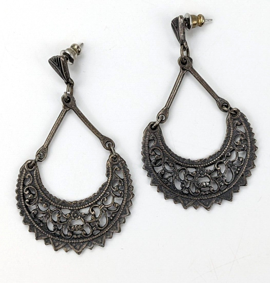 Vintage Openwork Pewter Tone Dangle Drop Pierced Earrings 2.5" Boho