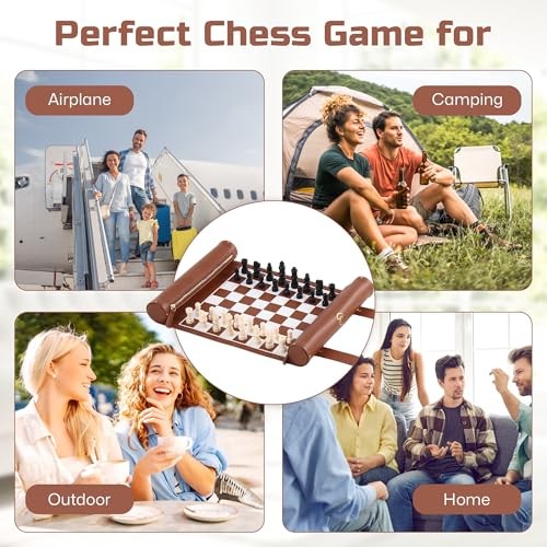 Roll Up Chess Set - Foldable Leather Chess Mat with Chess Pieces - Brown
