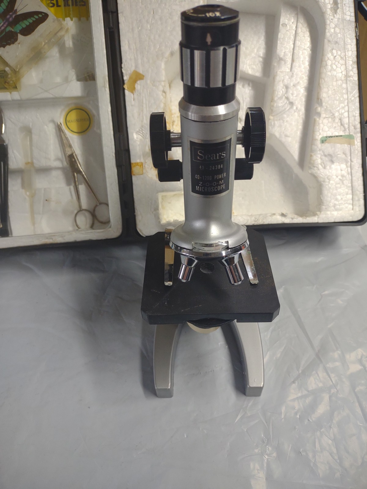 Sears Microscope Set Vintage, 200X Zoom Microscope,W/ Case & Extras