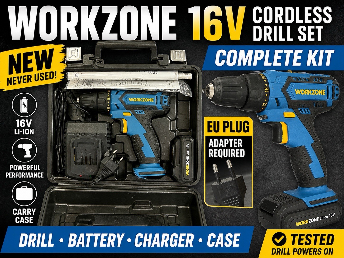 Workzone 16V Cordless Drill Set Kit Li-Ion Battery EU Plug New Case
