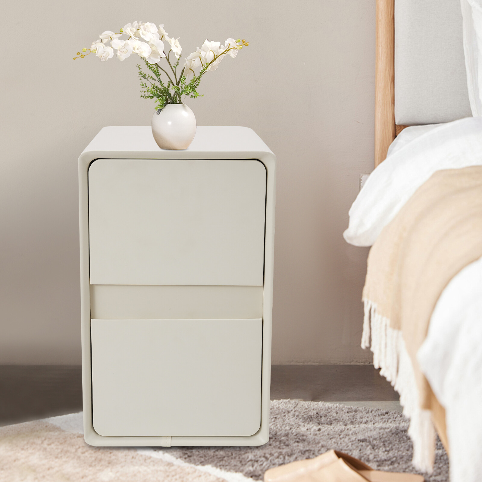 Modern White Wooden Bedside Bedroom Furniture Organiser Cabinet W/ 2 Drawers
