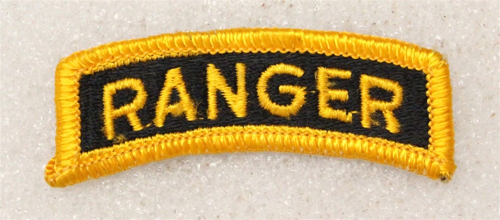 Army patch 4990: "RANGER" tab - yellow on black w/yellow border, merrowed edge