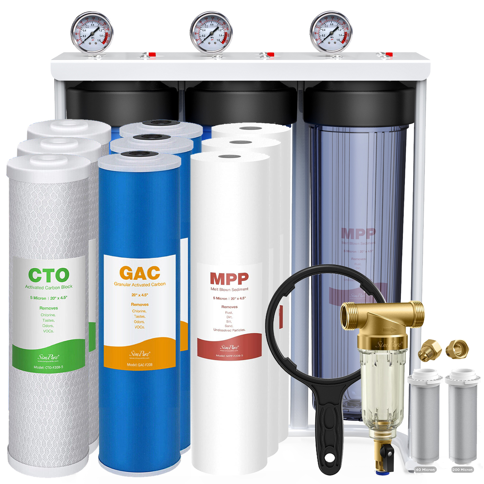 3 Stage 20" Big Blue Housings Whole House System+Spin Down Sediment Water Filter