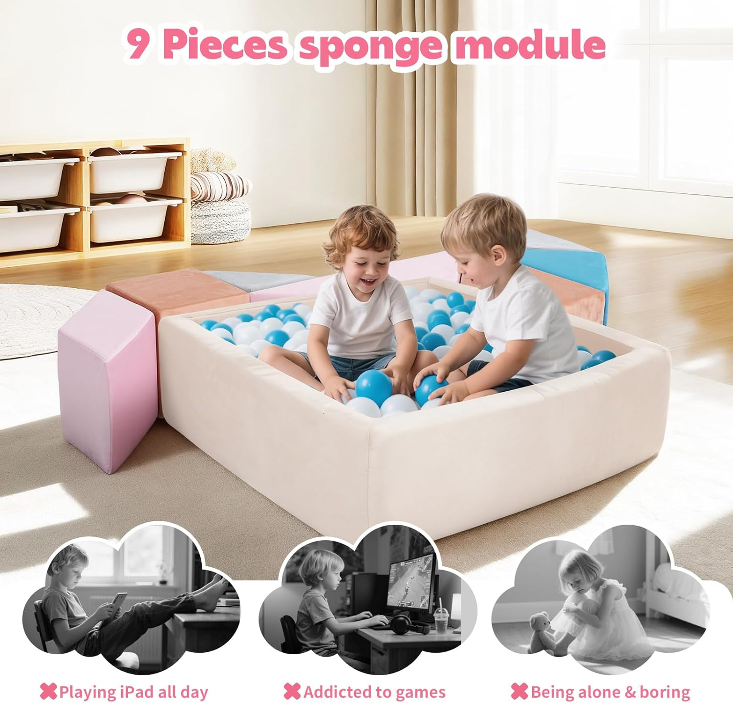 Colorful Modular Kids Play Couch with Tangram Puzzles & Ball Pit (Pink)