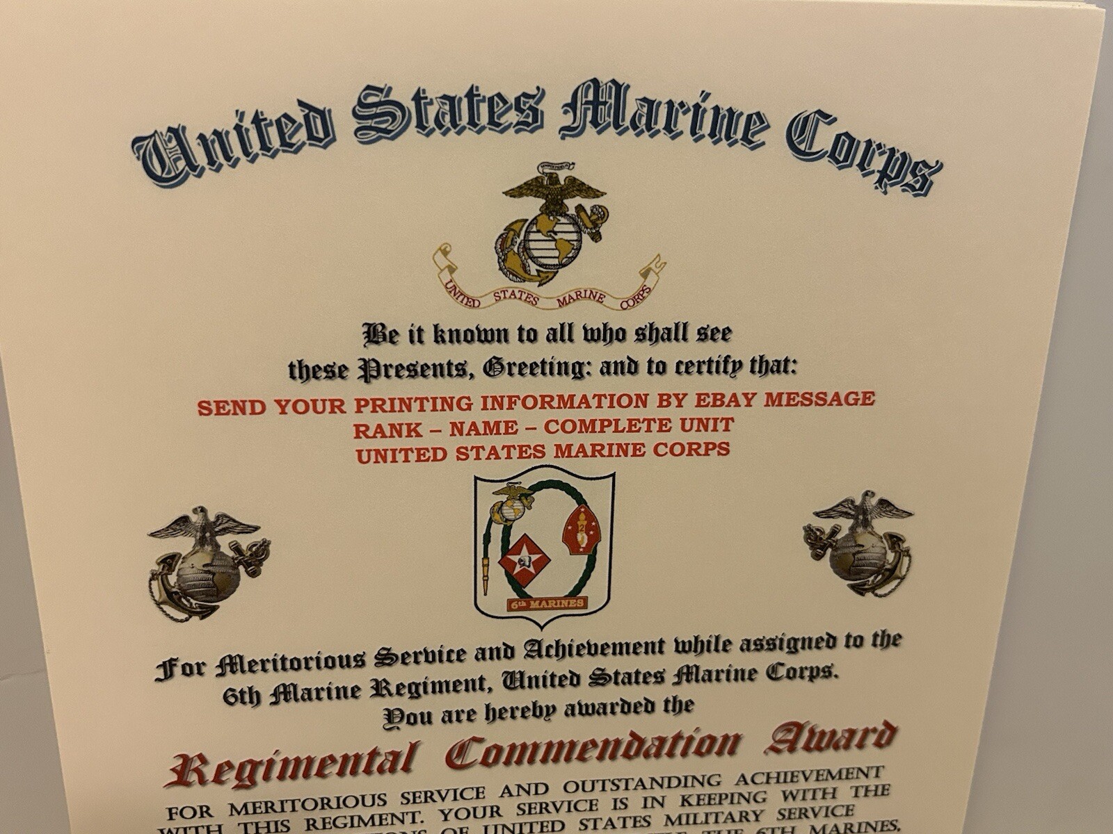 U.S.M.C. / 6TH MARINE REGIMENT - REGIMENTAL COMMENDATION AWARD CERTIFICATE