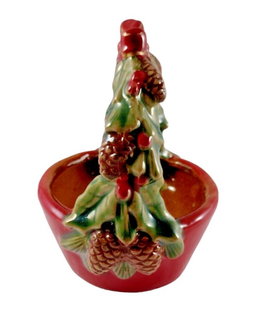 VTG Glazed Christmas Basket Pottery Trinket Candy Dish Stoneware Holiday Signed