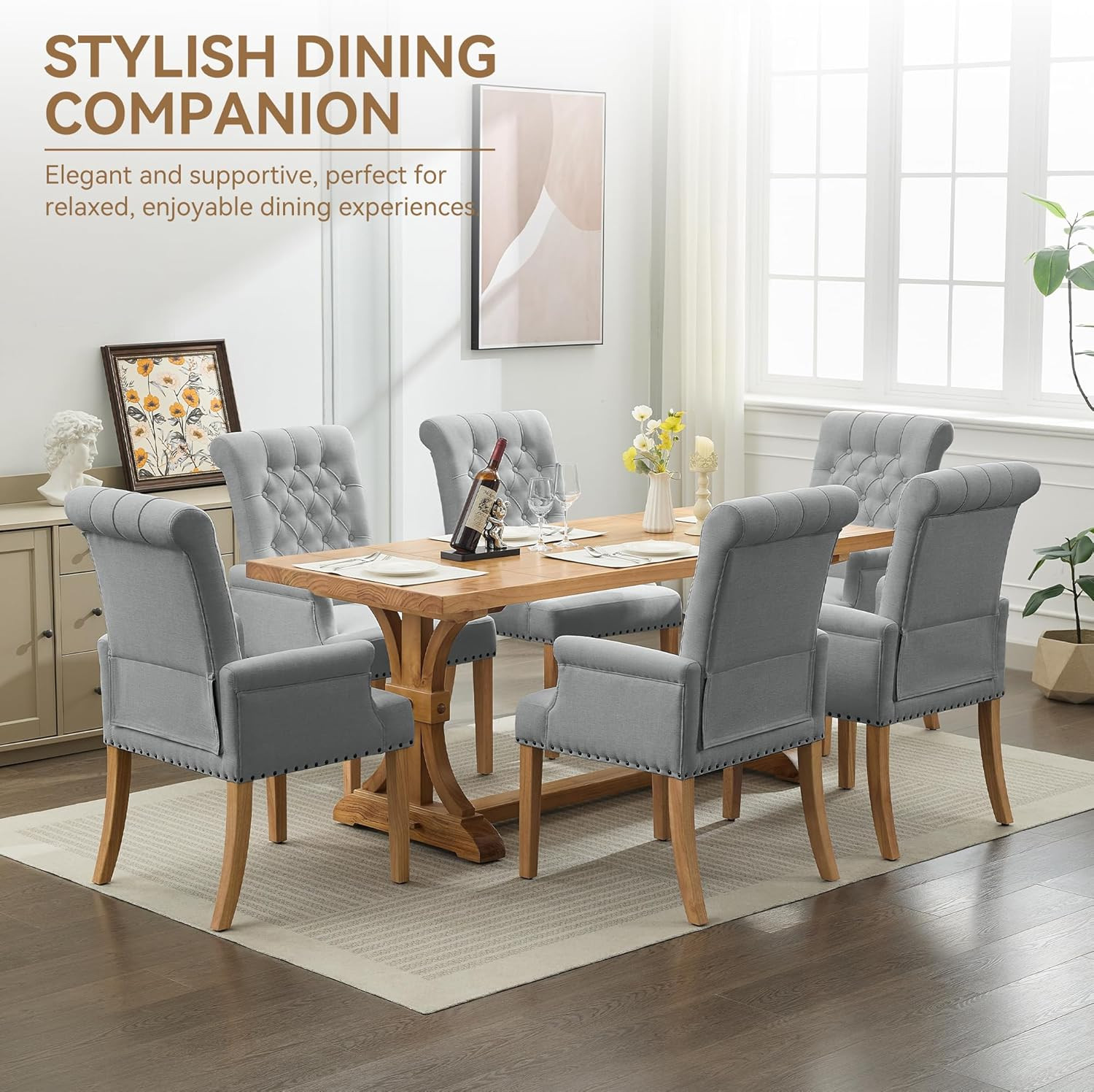 Fabric Dining Chair with Arms, Upholstered Tufted High Back Dining Room Chairs,