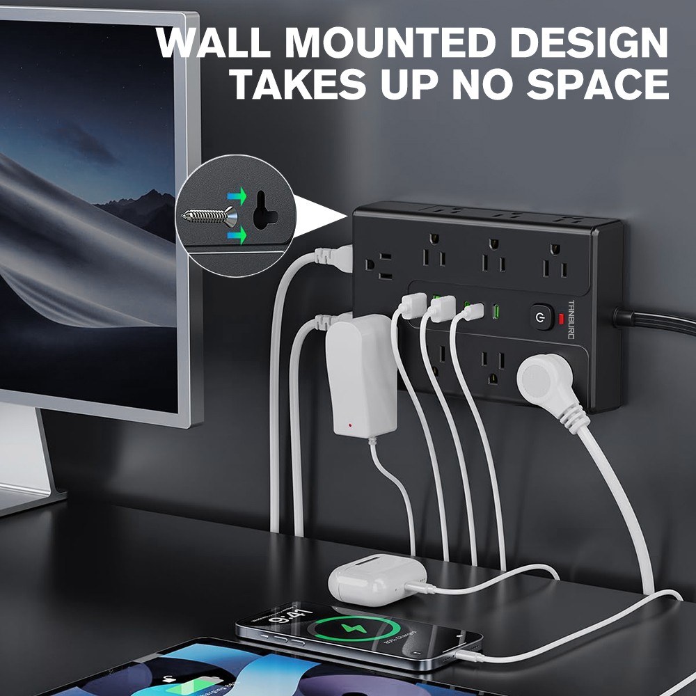 Flat Plug Power Strip with 16 Outlet Extension Cord USB Port Surge Protector