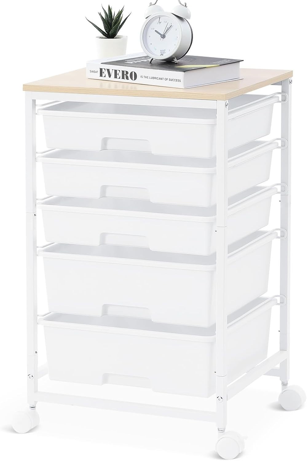 Elegant 5-Drawer Utility Cart with Wooden Top & Lockable Wheels - Bright White
