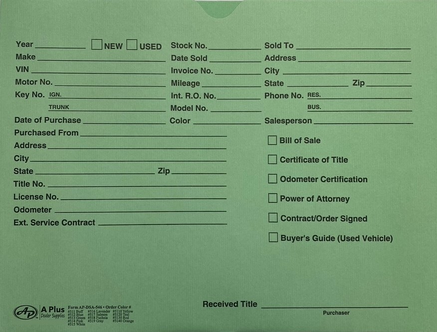 Vehicle Deal Envelopes Deal Jackets (500/pack) (Green) (W4)
