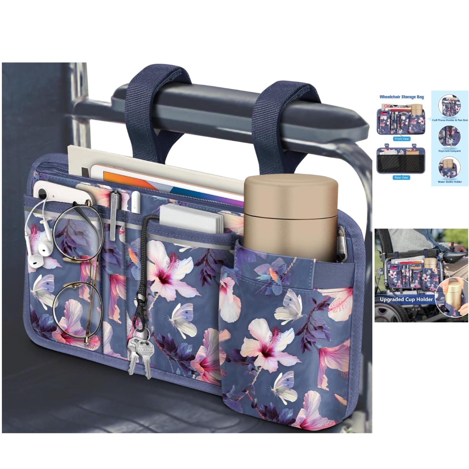 Durable Wheelchair Armrest Bag with 8 Pockets and Reflective Safety Strips