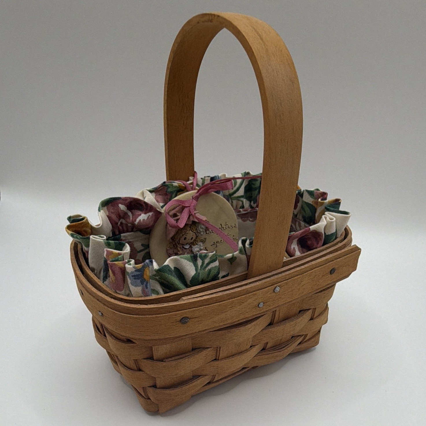 Longaberger Handwoven Small Basket w/ Handle Floral Fabric Liner 1998