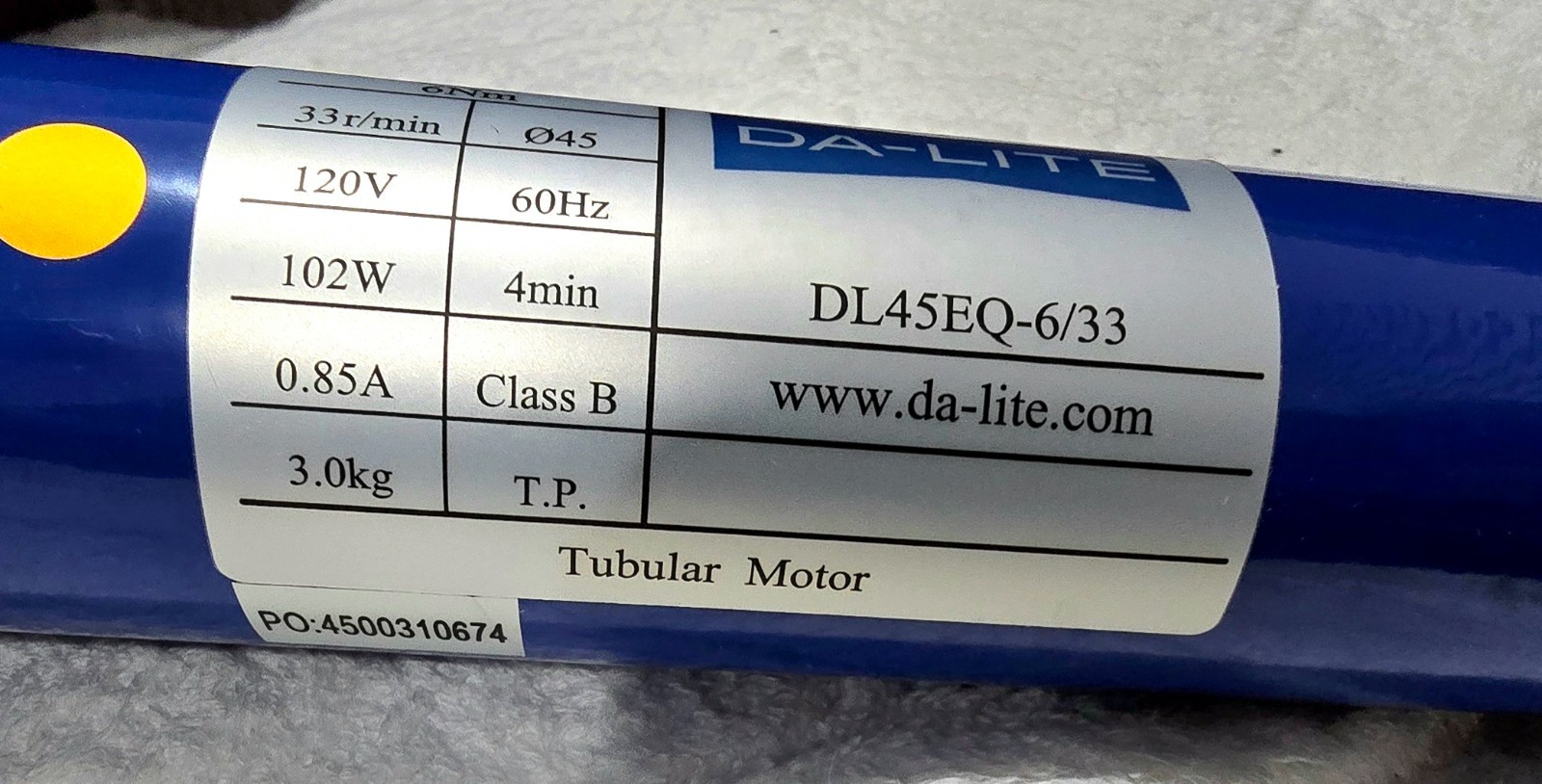 DA-LITE Tubular Motor Assembly DL45EQ-6/33 projection screen motor 6Nm 120V/60Hz