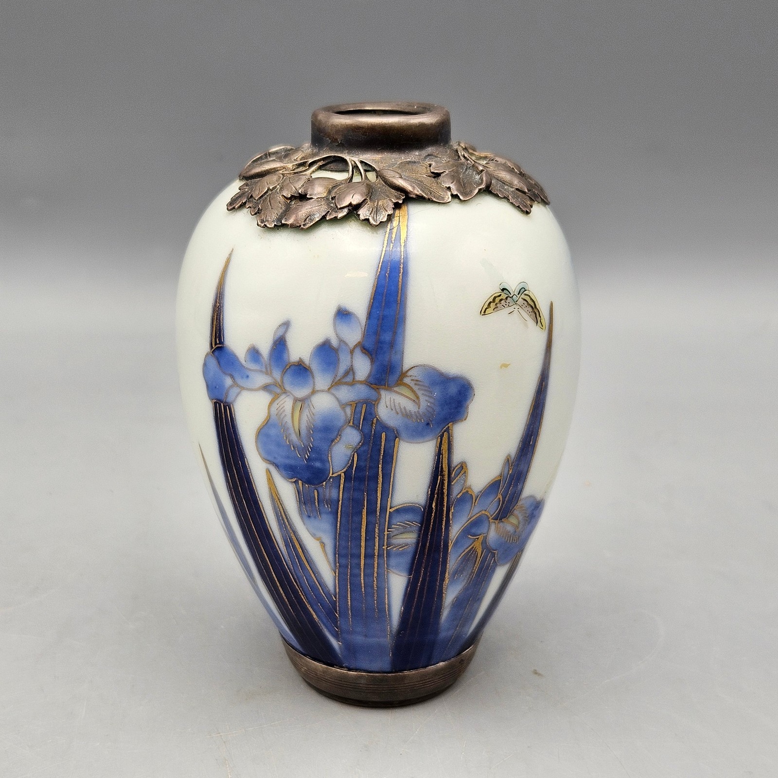 Antique Fukagawa Porcelain Vase with Sterling Silver Collar and Foot