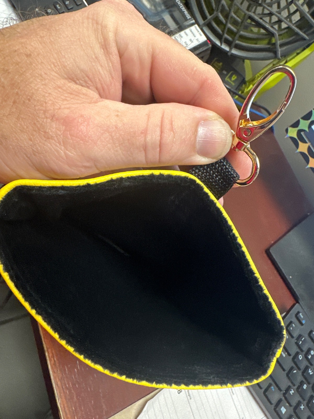 Crown yellow texture golf accessory pouch, drawstring close with attaching clip.