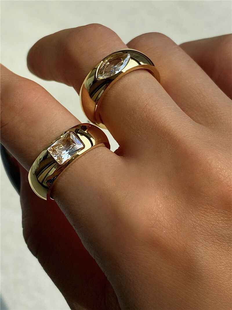 INS Fashion Woman 18k Gold Plated Stainless Steel CZ Wide Band Ring
